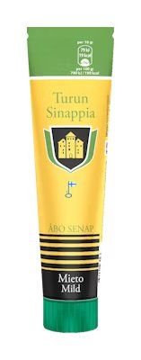 A tube of Turun Sinappi Turku Mild Mustard with a yellow and green label, crest, Finnish flag, and black cap. The packaging features Finnish and Swedish text highlighting this classic mild mustard.