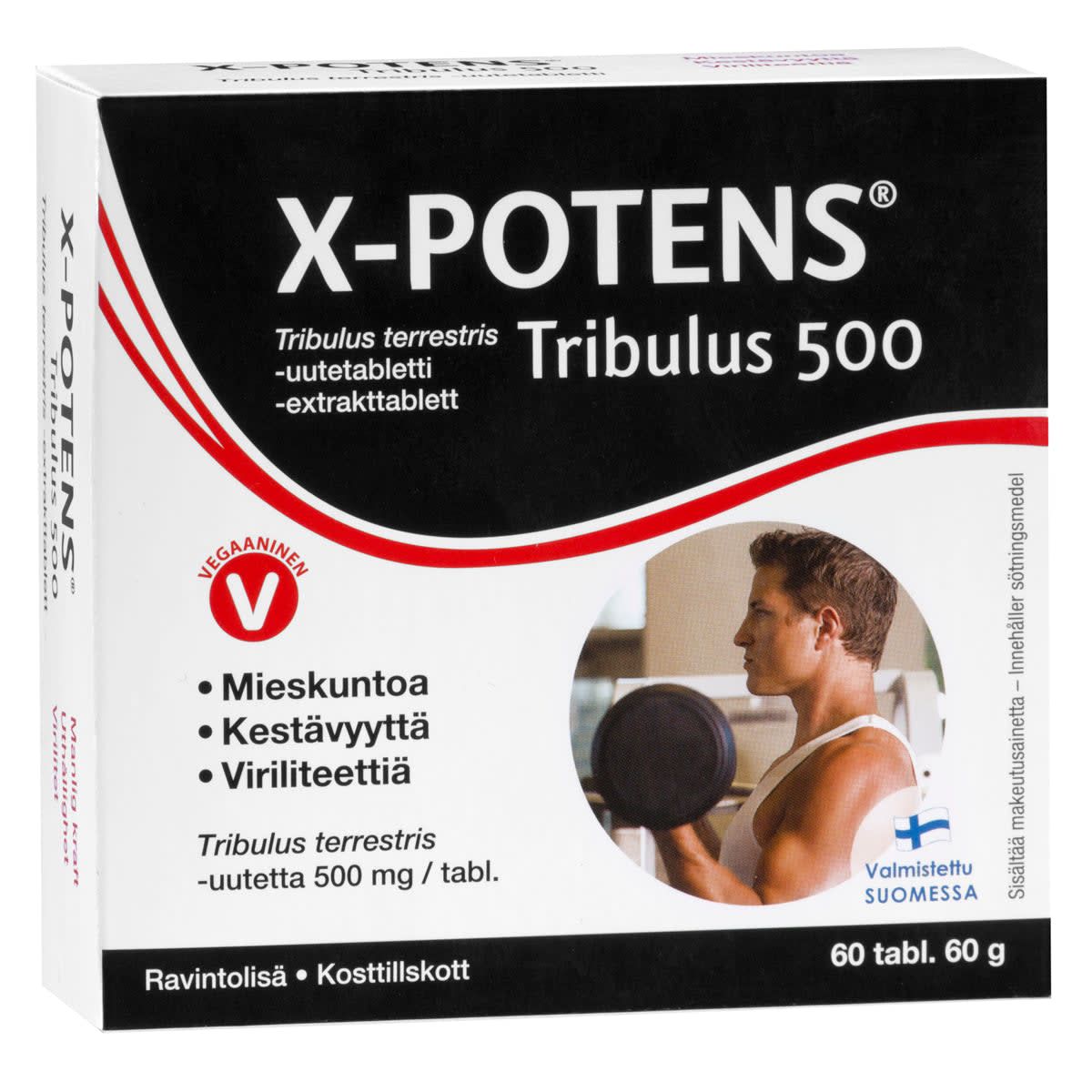 A box of Hankintatukku X-potens Tribulus 500 with a man lifting a dumbbell, highlighting vitality, endurance, and strength. Contains 60 tablets with potent Tribulus terrestris extract for male performance.