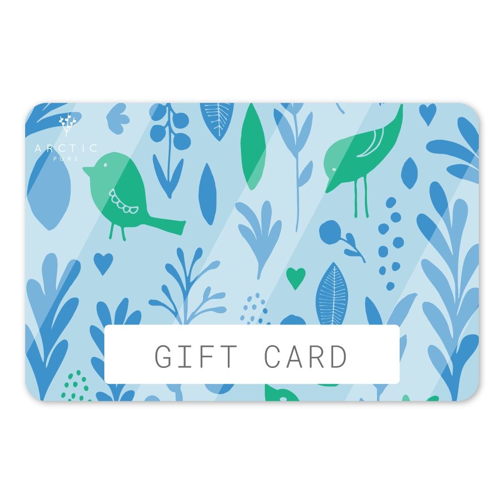 A rectangular TheArcticPure Gift Card showcases a blue and green leaf and bird design with "GIFT CARD" in bold uppercase on a white strip and "ARCTIC" in the top left. Easily schedule gift card delivery for any occasion.