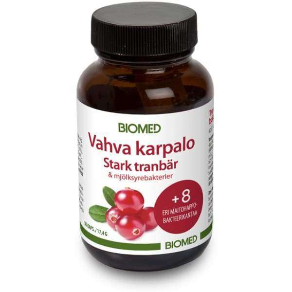 A bottle of BIOMED Vahva karpalo Stark tranbÀr & möylysÀyrebakterit supplement, featuring an amber glass bottle with a black cap and a white label with red and green text and cranberry graphics.