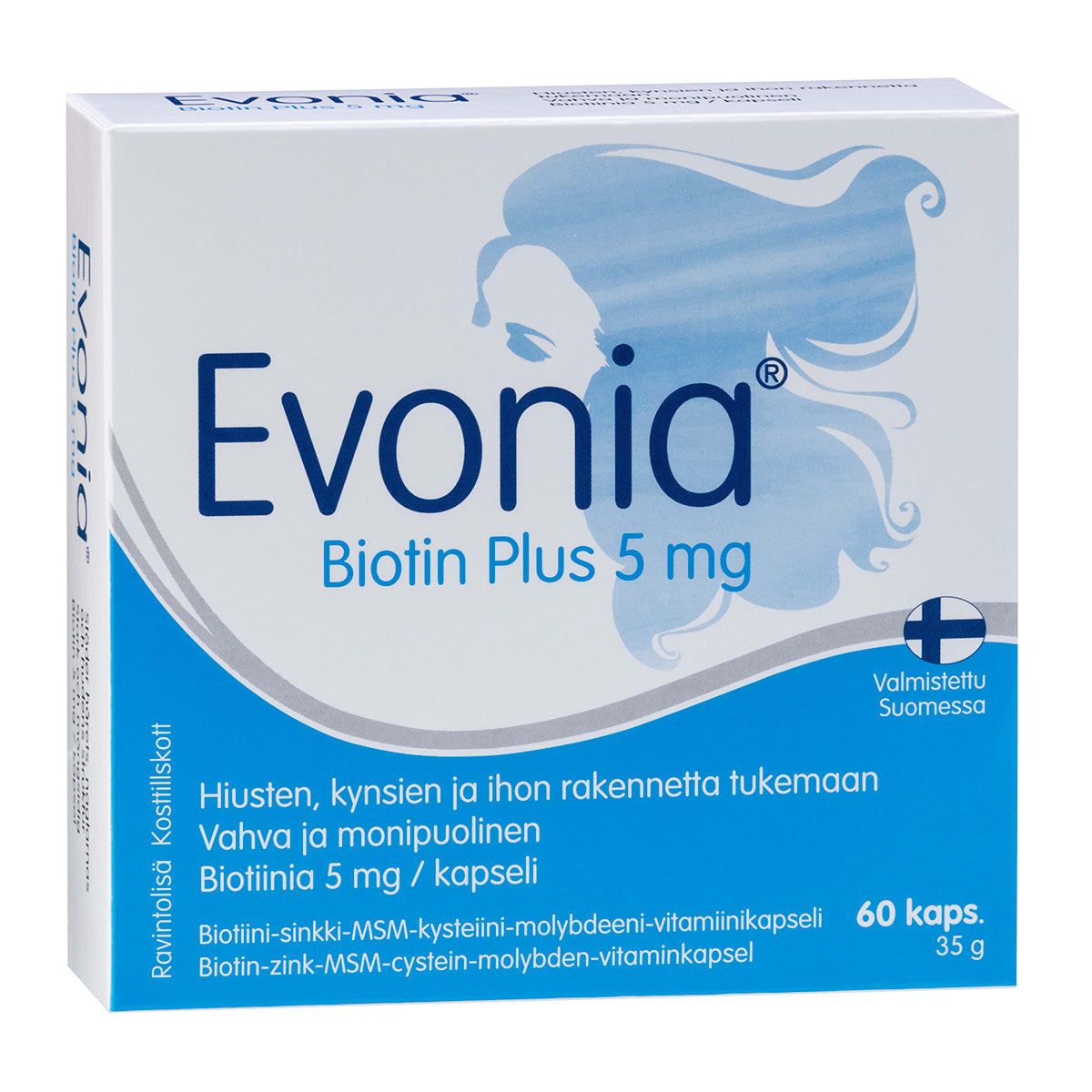 A box of Hankintatukku Evonia Biotin Plus features white and blue packaging with a woman's flowing hair, Finnish product details, 60 capsules for hair, nail, and skin support, and highlights it’s made in Finland.