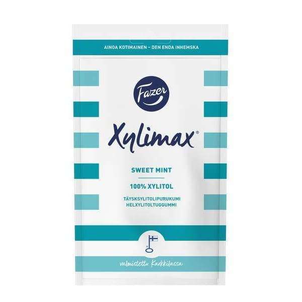 A resealable white and teal pack of Fazer Xylimax Sweet Mint Full Xylitol Chewing Gum by Fazer, with blue stripes and Finnish text—classic Finnish gum made with 100% xylitol for a refreshing taste.