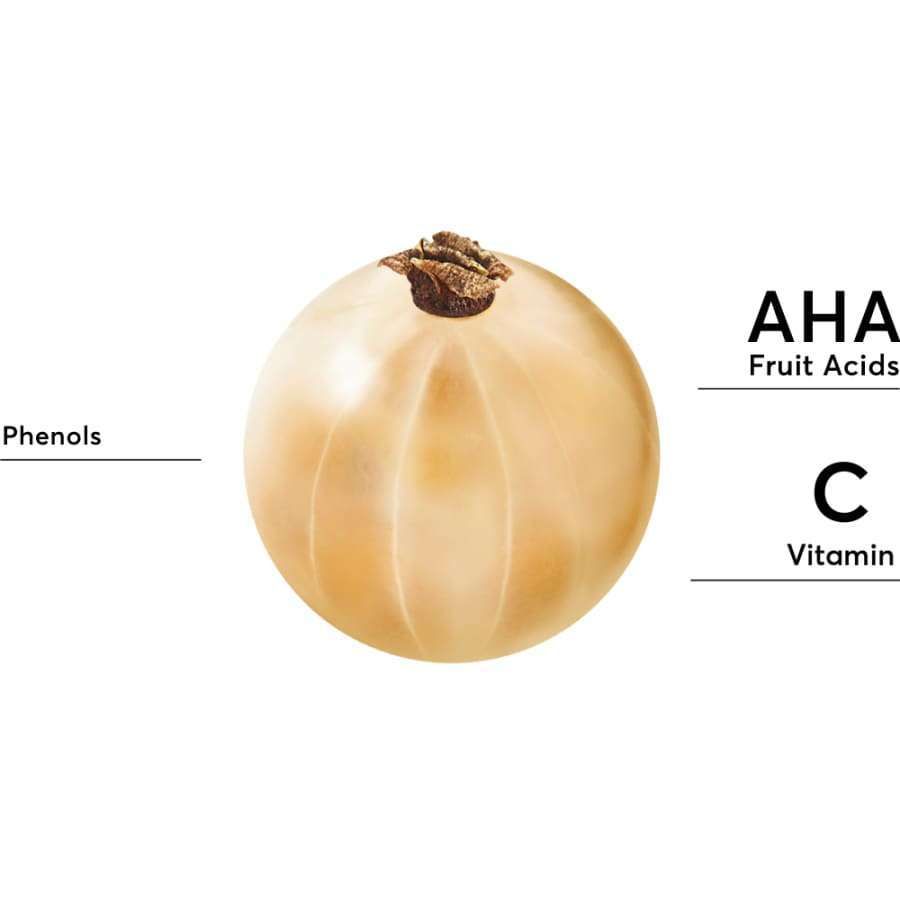 A close-up of a translucent round fruit highlights its natural AHA fruit acids, phenols, and vitamin C. The image showcases Mossa's Juicy Clean Purifying Creme-Mousse and mentions its gentle cleansing milk benefits.