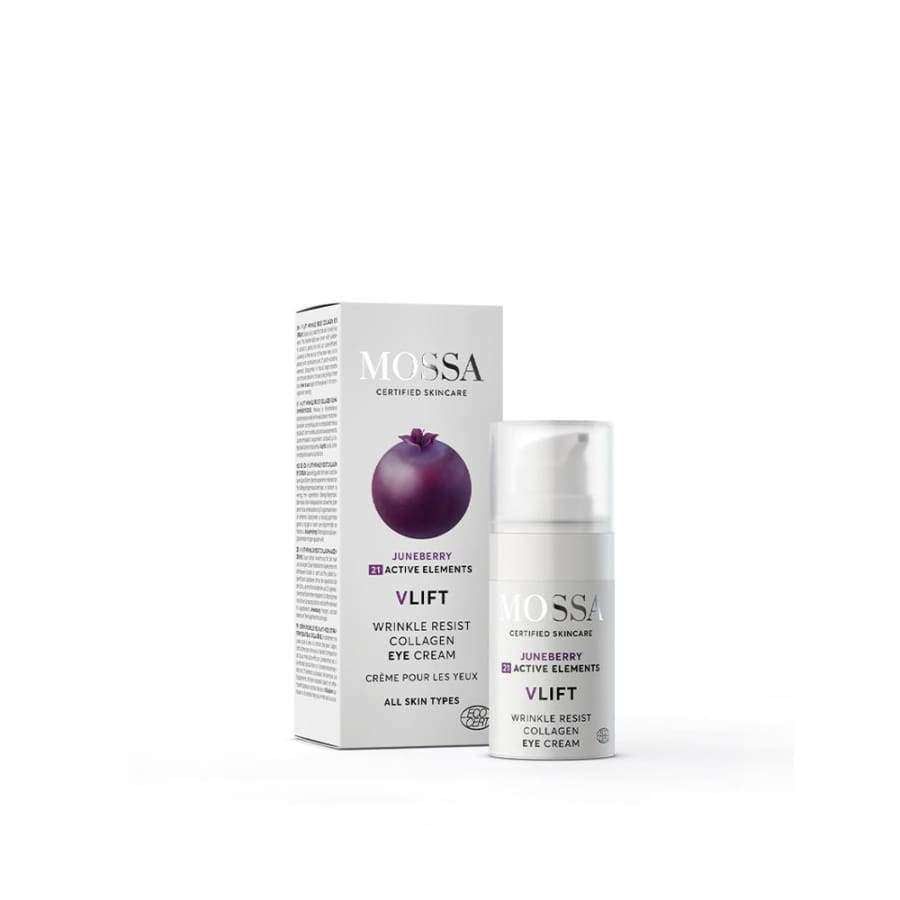 A white bottle of Mossa V LIFT Wrinkle Resist Collagen Eye Cream is displayed in front of its box, which features a purple berry image and product info. This Mossa anti-aging eye cream for all skin types contains Juneberry extract for visible results.