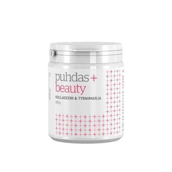 A white container with a white lid, labeled Puhdas+ Beauty Collagen & Sea Buckthorn by Puhdas+. The minimalist design features pink plus signs and highlights sea buckthorn to support beauty with natural food supplements.