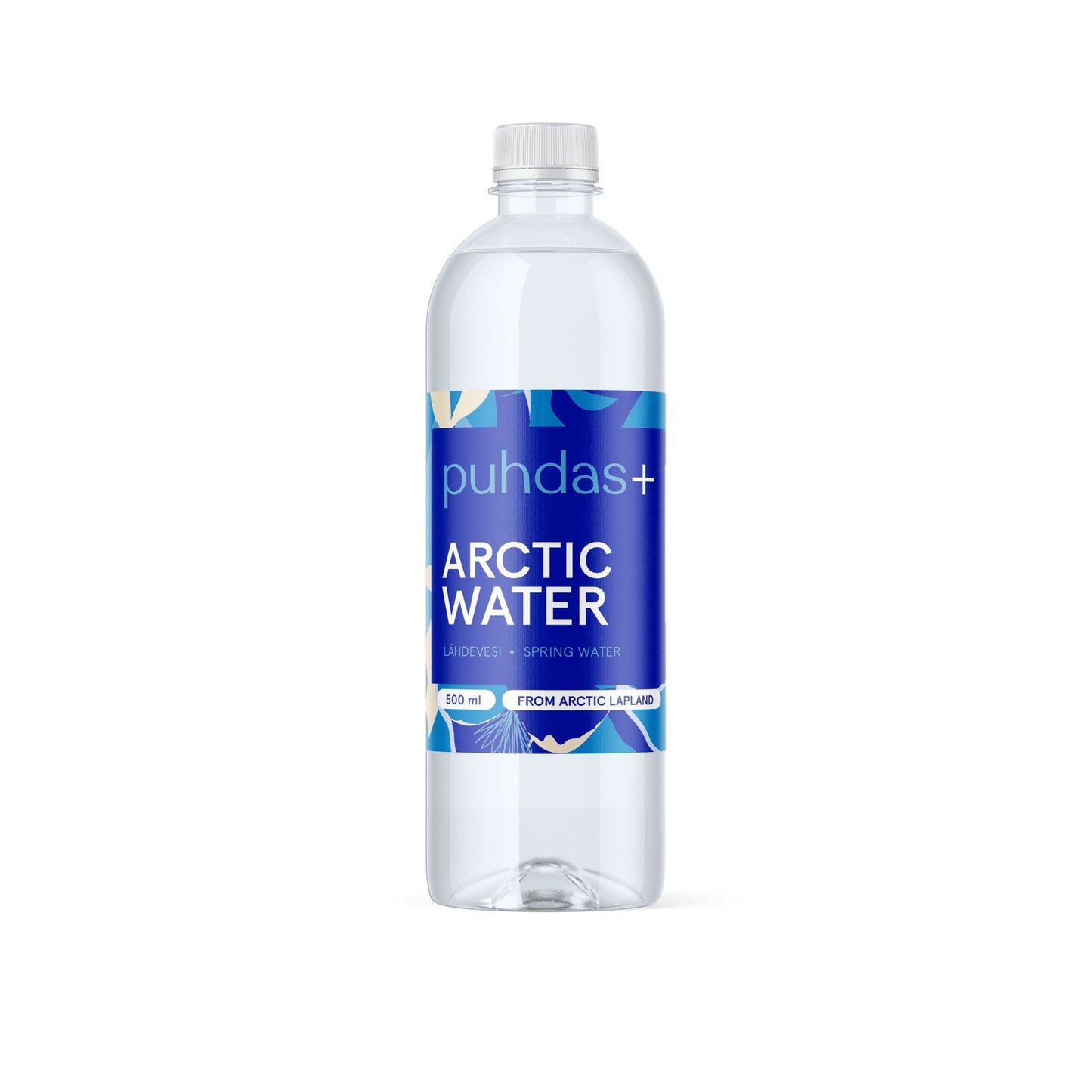A clear plastic bottle of Puhdas+ Spring Water with a blue and white label showing the Puhdas+ brand, Arctic Water, and text noting it contains 500 ml of pure spring water from Finnish Lapland; available in a 12 pack.