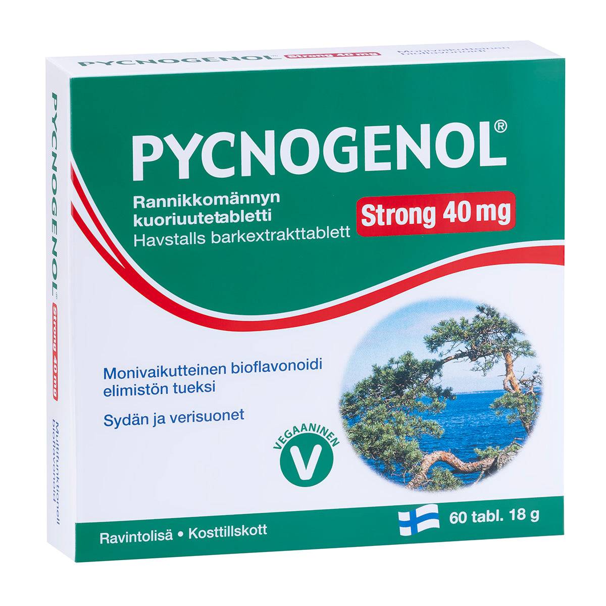 A green and white box of Hankintatukku Pycnogenol Strong 40 mg pine bark extract tablets features Finnish and Swedish text, a seasidе pine tree image, vegan symbol, Finnish flag, and contains 60 tablets.