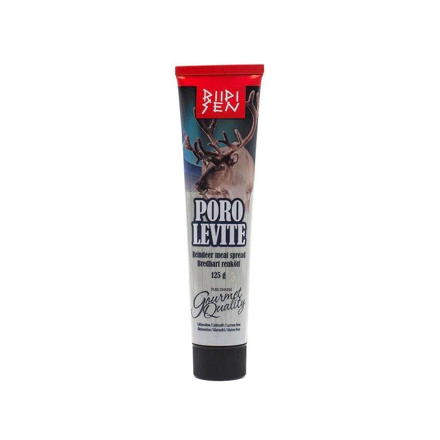 A tube of Riipisen Reindeer Meat Spread by Riipisen, featuring a reindeer image on the label with black and white text, a red cap, and a Gourmet Quality badge. This Finnish gourmet product is ready to use.