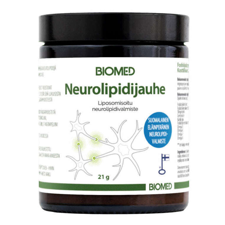 A black jar of Biomed Neurolipid Powder by Biomed with a white label, green text, and neuron illustrations. Features a blue Finnish neurolipids badge and contains a liposomal powder blend. Net weight: 21 grams.