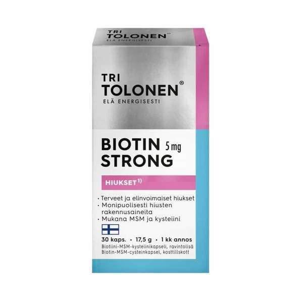 A box of Dr. Tolonen Biotin Strong 5 mg dietary supplement, with Finnish text describing benefits for hair, skin, and nails. The white, pink, and light blue packaging includes a Finnish flag symbol. Brand: Dr. Tolonen.