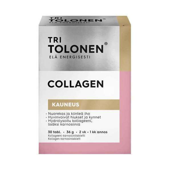 A box of Dr. Tolonen Collagen features Finnish text promoting youthful skin, healthy hair, and nails. The stylish white, pink, and beige packaging is accented with black and gold text. Brand: Dr. Tolonen.