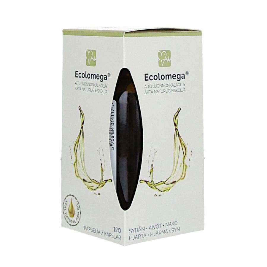 A box of Ecolomega Virgin Fish Oil Capsules, in green and white ASC-certified packaging with fish and oil drop images, contains 120 capsules and is labeled for heart, brain, and vision health.