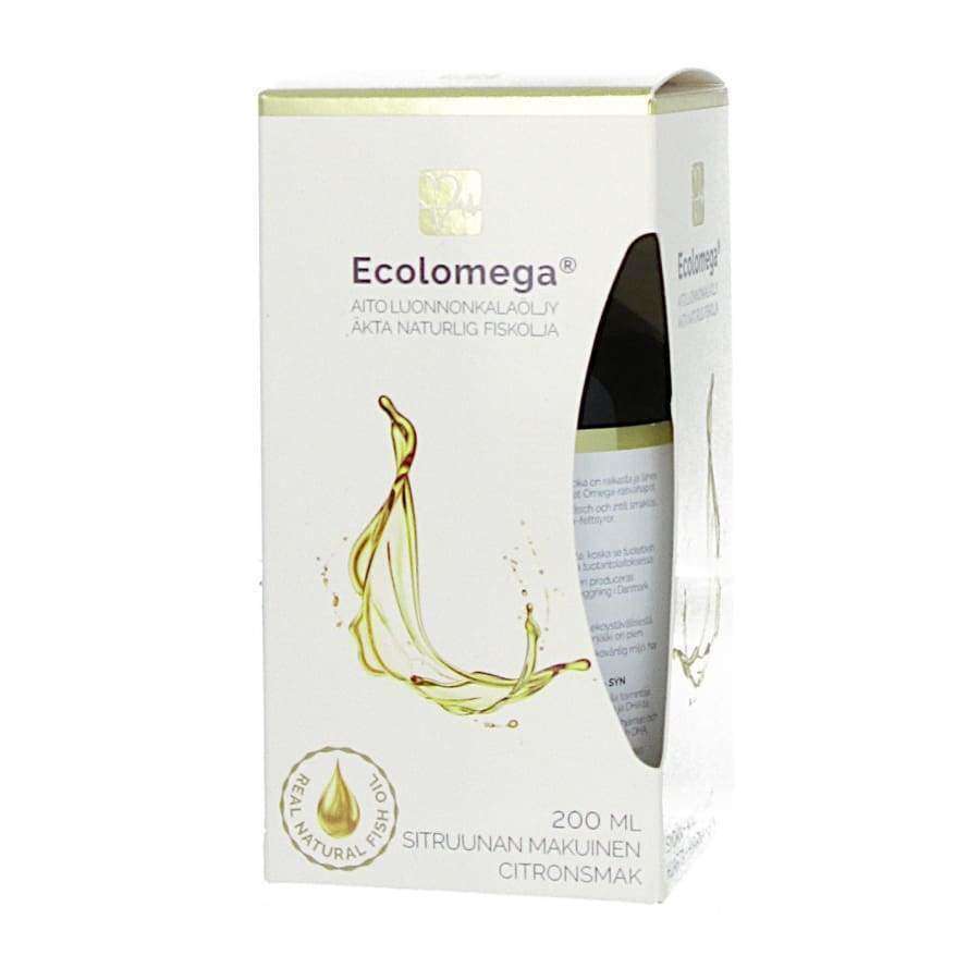 A white box of Ecolomega Virgin Fish Oil – Lemon, with a gold splash, 200 ml and citron smak (lemon flavor) text, plus logos for real natural omega-rich oil. The side shows part of the bottle inside. Brand: Ecolomega.
