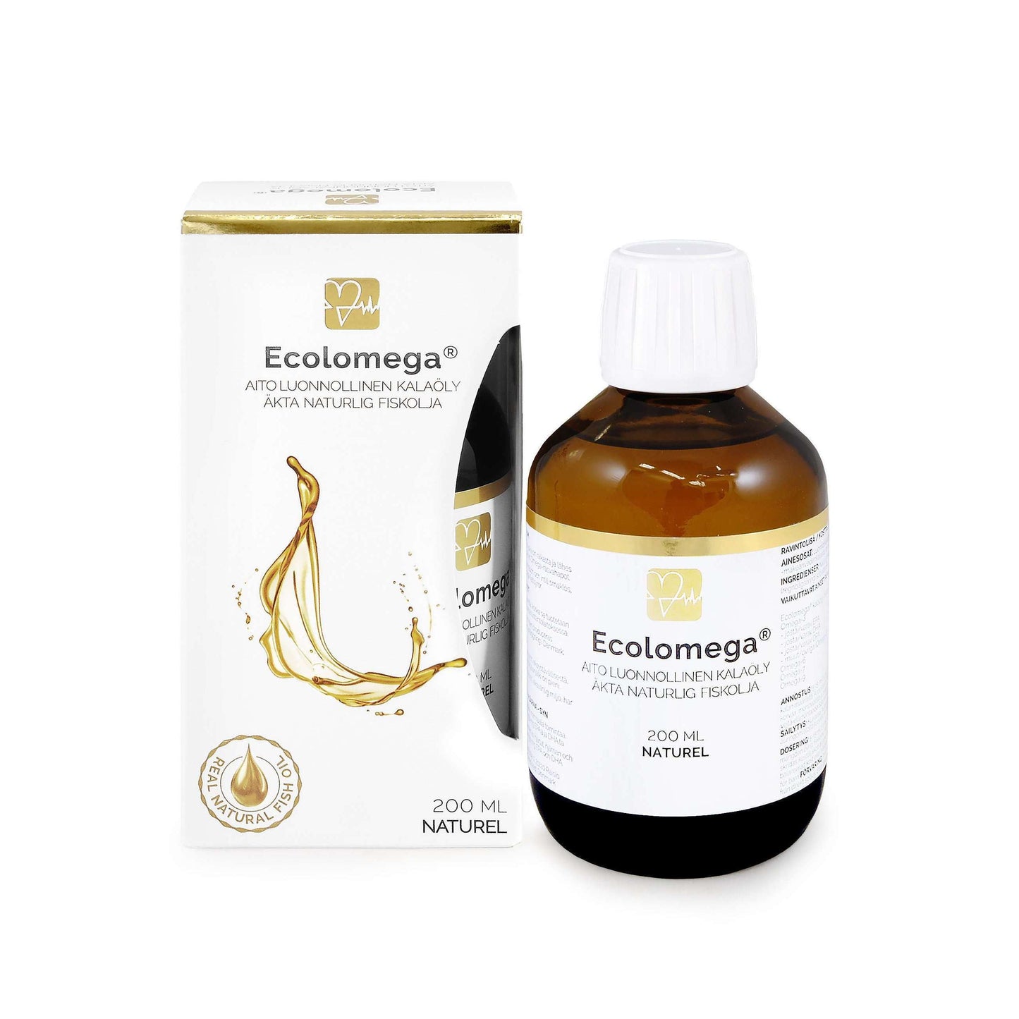 A 200ml bottle of Ecolomega Fish Oil – Natural, rich in omega fatty acids, with a white label and brown glass sits beside its eco-friendly white and gold box featuring a splash design and Ecolomega branding.