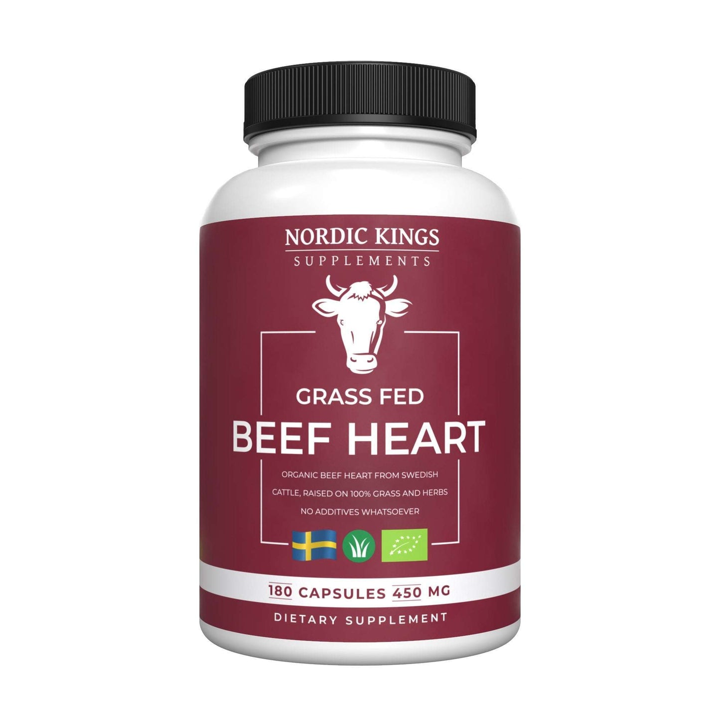 A bottle of Nordic Kings Organic Grass Fed Beef Heart contains 180 capsules (450 mg each) made from freeze-dried beef heart. The maroon label features Swedish origin, grass-fed sourcing, and organic certification.
