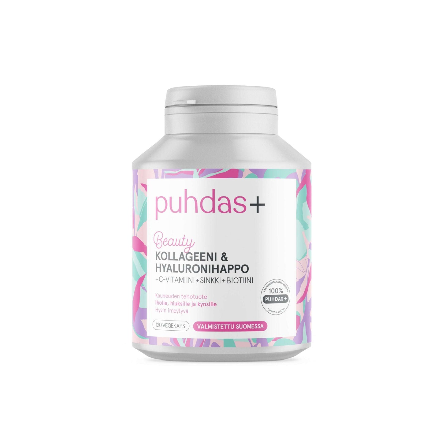 A bottle of Puhdas+ Collagen & Hyaluron from Puhdas+, with a white, pink, and pastel label displaying product details on a plain white background—ideal for supporting skin health.