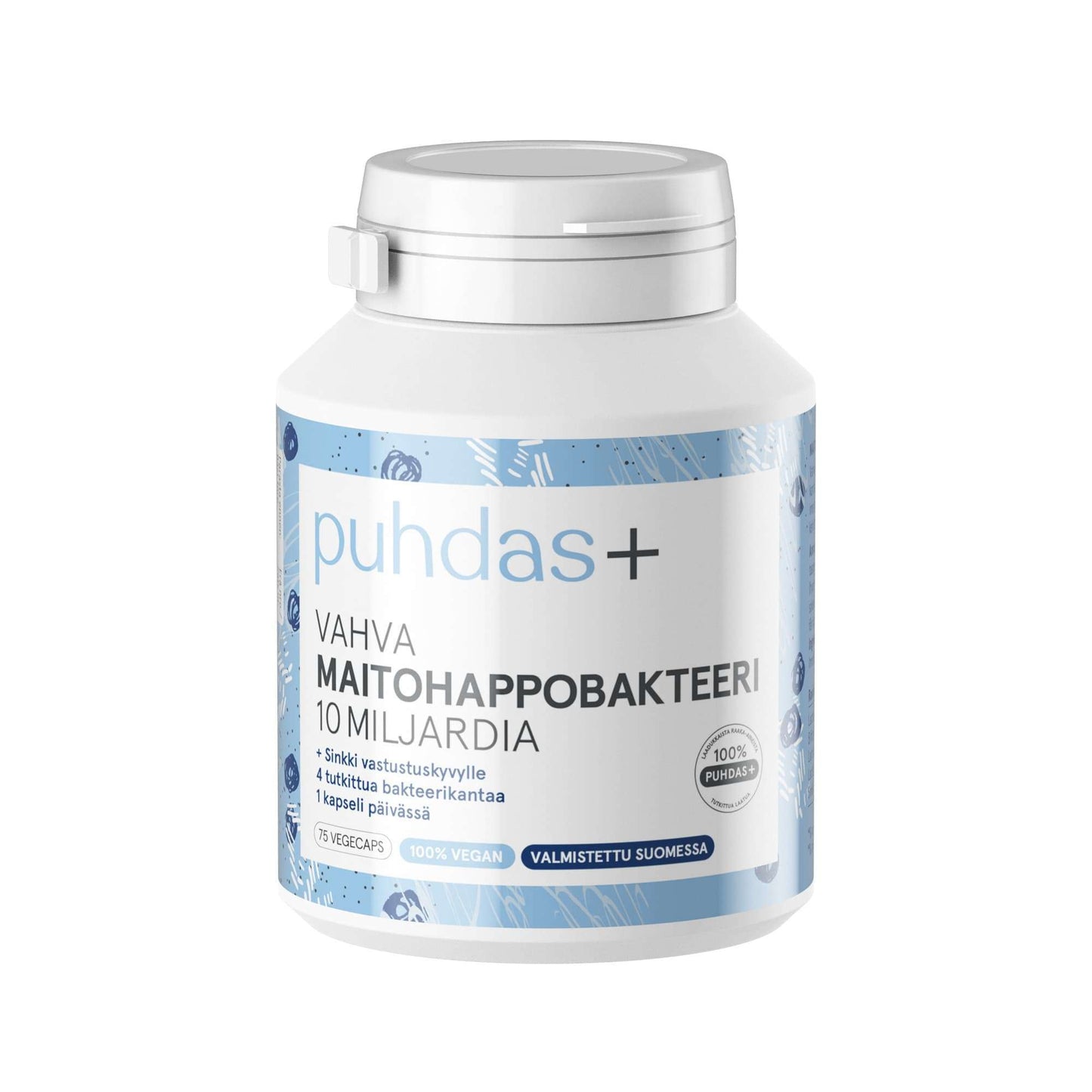 A white bottle of Puhdas+ Lactic Acid Bacteria 10 Billion probiotic from Puhdas+, with blue accents and a gray lid, features vegan packaging in Finnish highlighting immune support and Finnish origin.