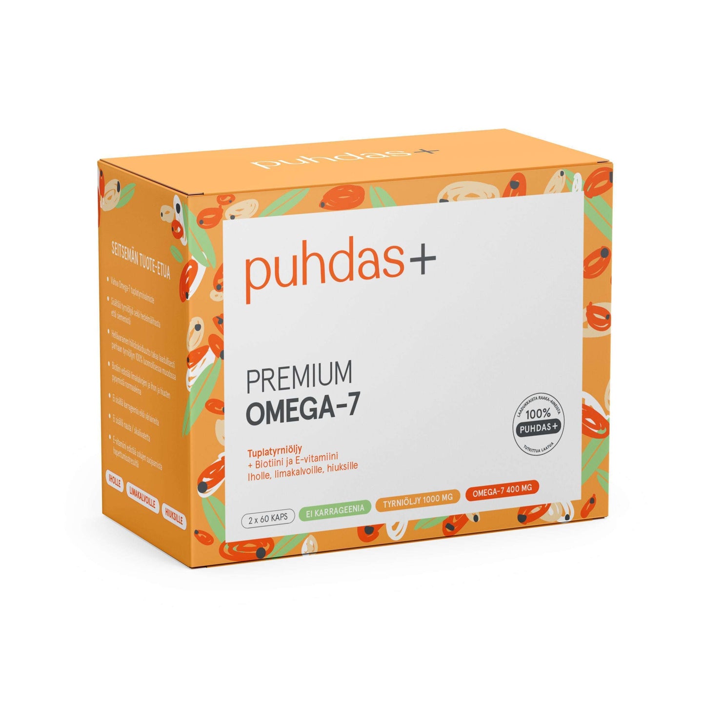 A box of Puhdas+ Premium Omega-7 supplements from Puhdas+ features orange, white, and beige packaging. The front displays key ingredients such as sea buckthorn and biotin, plus product details and dosage information.