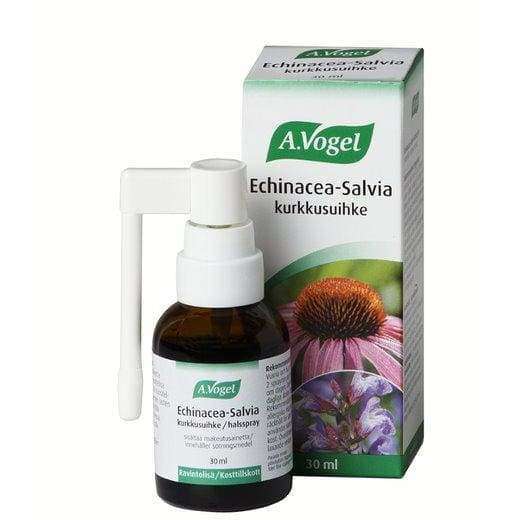 A brown glass spray bottle labeled A.Vogel Echinacea-Sage Sore Throat Spray stands before its box, which features a purple echinacea flower. This 30 ml spray from A.Vogel blends echinacea and sage to help support the immune system.
