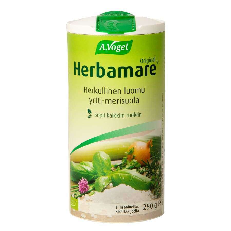 A.Vogel Herbamare Original, 250g, is a vegan herbal salt in a green and white cylindrical container with herb and sea salt images; this organic seasoning from A.Vogel adds natural flavor to any dish.