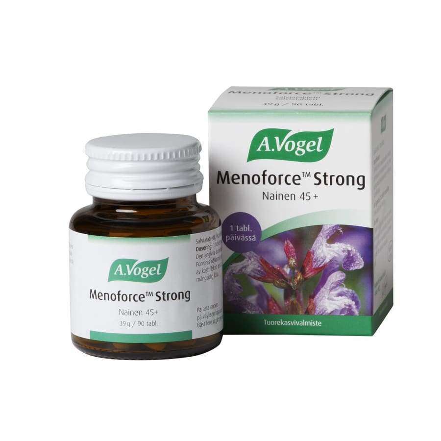 A.Vogel Menoforce Strong by A.Vogel is a supplement for women 45+, packed in a box with a purple flower image and Finnish text, formulated to help relieve menopausal symptoms like hot flushes.