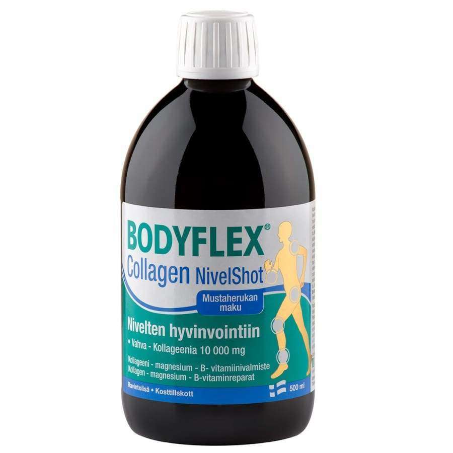 A bottle of Hankintatukku Bodyflex Collagen NivelShot features a black cap, blue-green-white label with a human joint graphic and Finnish text. This blackcurrant-flavored supplement supports joint health.
