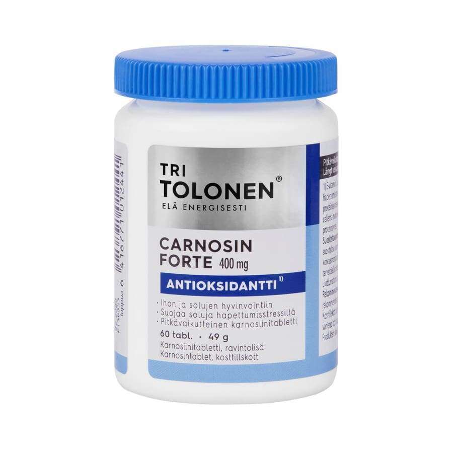A white plastic bottle with a blue screw cap labeled Dr. Tolonen Carnosin Forte 400 mg in Finnish. This antioxidant food supplement from Dr. Tolonen contains 60 carnosine tablets to help combat oxidative stress and support well-being.