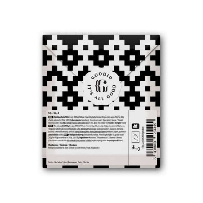 A chocolate bar with black and white geometric packaging features a round center label reading Goodio Organic Chocolate Sea Salt. Made with raw Congo cacao. Text, barcode, and icons are near the bottom. Brand: Goodio.