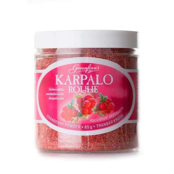 A clear plastic jar with a white lid holds Greenfinn’s Cranberry Powder, made from Finnish cranberries. The pink label, printed with cranberry images and the Greenfinn's brand, lists product details in several languages.