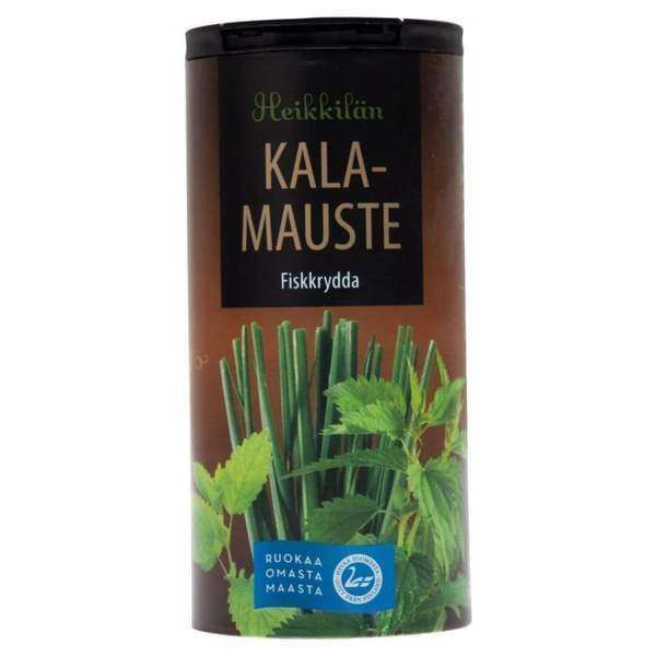 Heikkilä's Fish Seasoning comes in a brown cylindrical container with images of green herbs and a blue certification label. This flavorful herb mix from Heikkilä's contains no added salt and is perfect for seasoning fish.