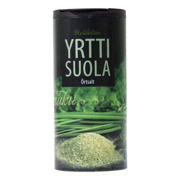 A container of Heikkilä's Herb Salt by Heikkilä's, a Finnish herbal salt blend. The front shows green herbs, a pile of seasoning, and includes the word "Örtsalt" on the label.