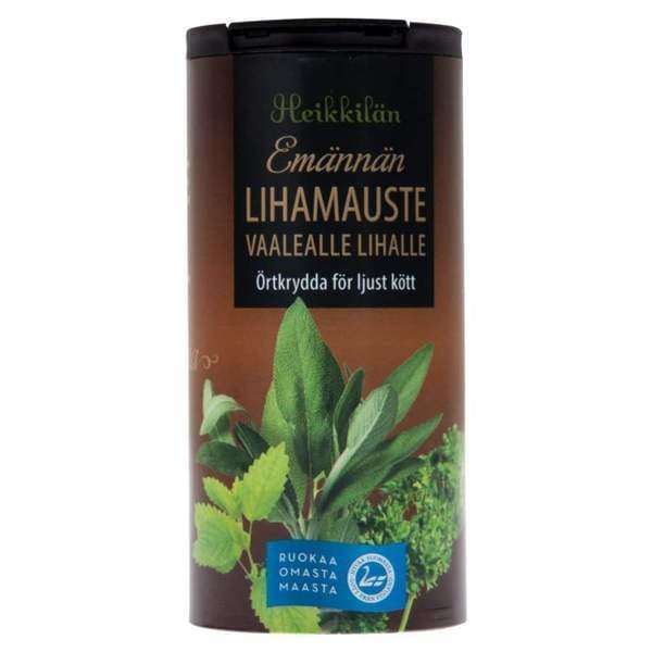 A container of Heikkilä's Matron's Meat Seasoning by Heikkilä's, designed for pork and chicken, with fresh herbs and Finnish text shown on the label.