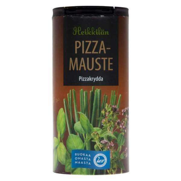 A HeikkilĂ€âs Pizza Seasoning container, branded HeikkilĂ€âs, labeled "Pizza Seasoning" with pictures of basil and oregano on the front and a green bottom label, set against a white background.