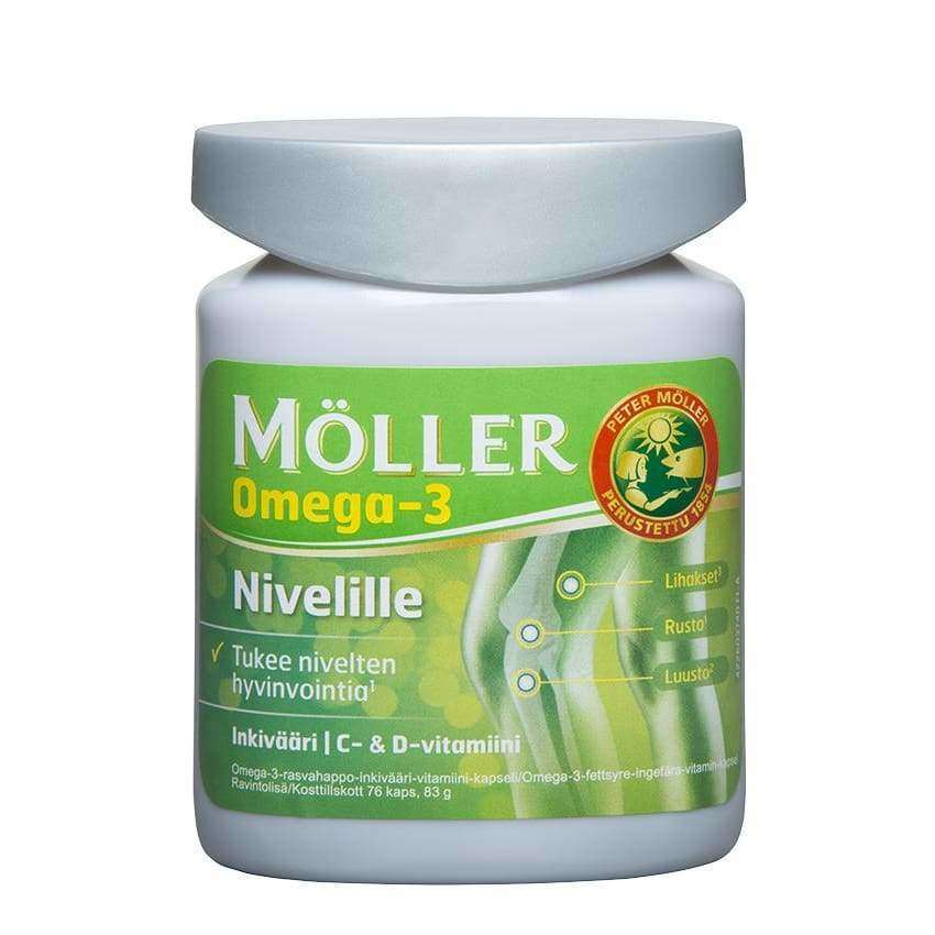 A white and green bottle of Möller Omega-3 Joints by Möller, featuring Finnish text and illustrations of joints, highlights omega-3 fatty acids, ginger, and vitamins C and D for joint support.