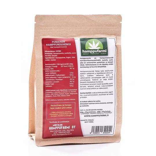 A brown paper bag labeled Nordic Hempfarm Red Hemp Mix features red and white product info on the left, highlighting Finnish berries and no added sugar, with a green Nordic Hempfarm logo and hemp groats details on the right.
