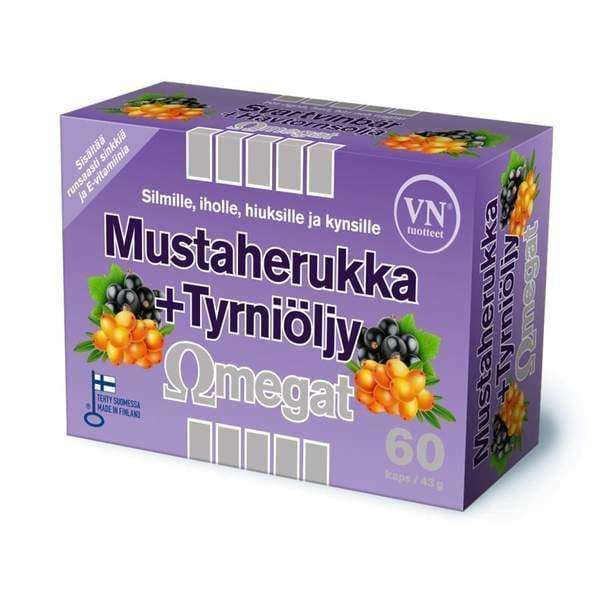 A purple box of Via Naturale Omegat Blackcurrant & Buckthorn skin supplement capsules, featuring blackcurrant and sea buckthorn images. Contains 60 capsules with omega-rich blackcurrant seed oil and Finnish text on the packaging.