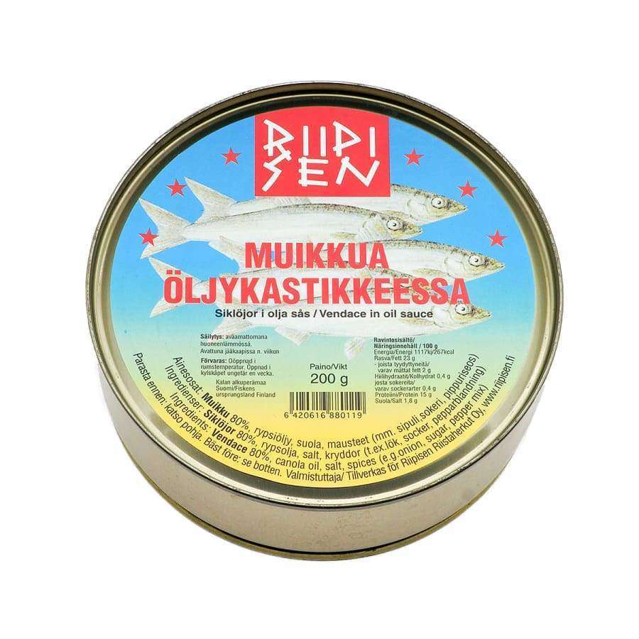 A round tin from Riipisen with a blue label shows three small fish, red and yellow Finnish text, and product details. The label reads "Muikkua öljykastikkeessa": Riipisen Vendace In Oil Sauceâideal for tapas.