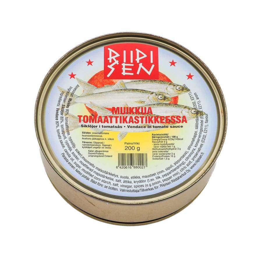 Riipisen Vendace In Tomato Sauce comes in a 200g round tin featuring two fish on the label with red Finnish text. This Riipisen product is perfect for tapas and contains tasty Finnish vendace in tomato sauce.