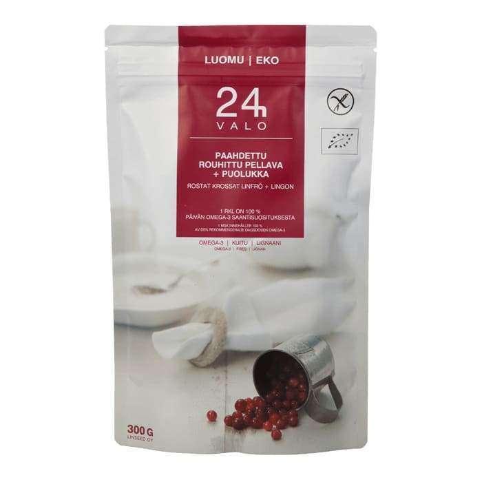 Valo24h Organic Roasted Ground Flaxseed + Lingonberry comes in a white and red resealable pack showing a metal cup spilling red berries, details in multiple languages, and is rich in omega-3. Brand: Valo24h.