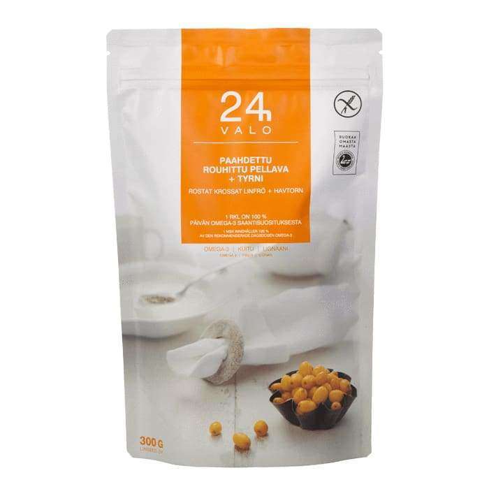 A white and orange resealable bag labeled Valo24h Roasted Ground Flaxseed + Sea Buckthorn Berry shows a small bowl and spoon with the product. Both flaxseed and sea buckthorn are rich in omega-3 fatty acids.