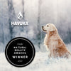 A golden retriever sits on frosty grass with a snowy Finnish backdrop. The Havuka logo appears above the Havuka Spruce Resin Balm for Animals, alongside a black badge: Nordic Natural Beauty Awards Winner 2022.