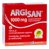 A red box of Hankintatukku Argisan 1000 mg L-arginine tablets, labeled in Finnish and Swedish, contains 60 tablets. The amino acid supplement displays a Finnish flag and a green “Sports” approval logo for energy and vitality.