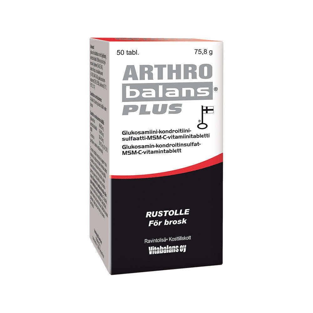 A white and grey box of Vitabalans Arthrobalans Plus supplements with glucosamine for joint mobility. Contains 50 tablets; packaging features Finnish text and red, black, and blue design accents.