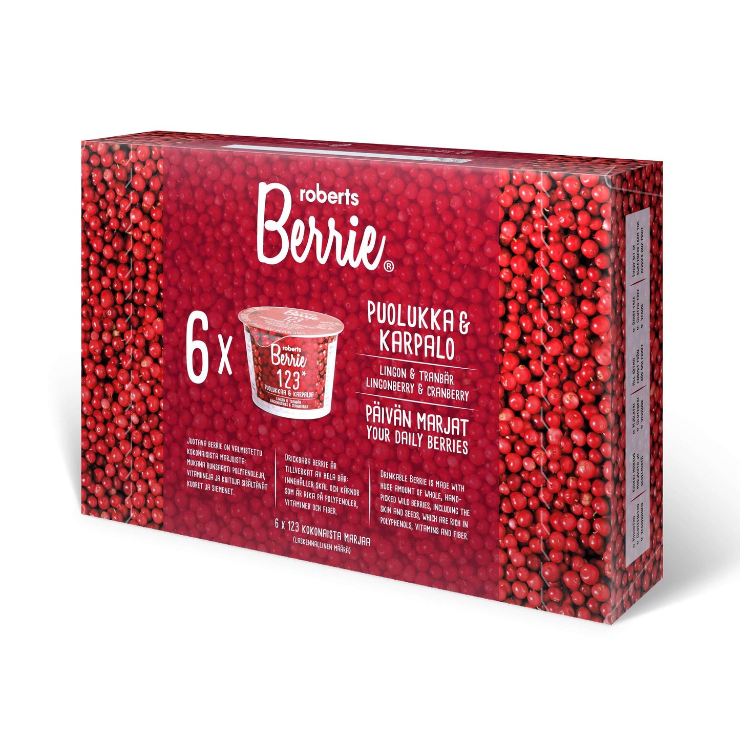 Roberts Berrie Berrie Lingonberry & Cranberry juice comes in a red rectangular box with berry images, containing six single-serve cups. Packaging features text in Finnish and English: "Your Daily Berries.