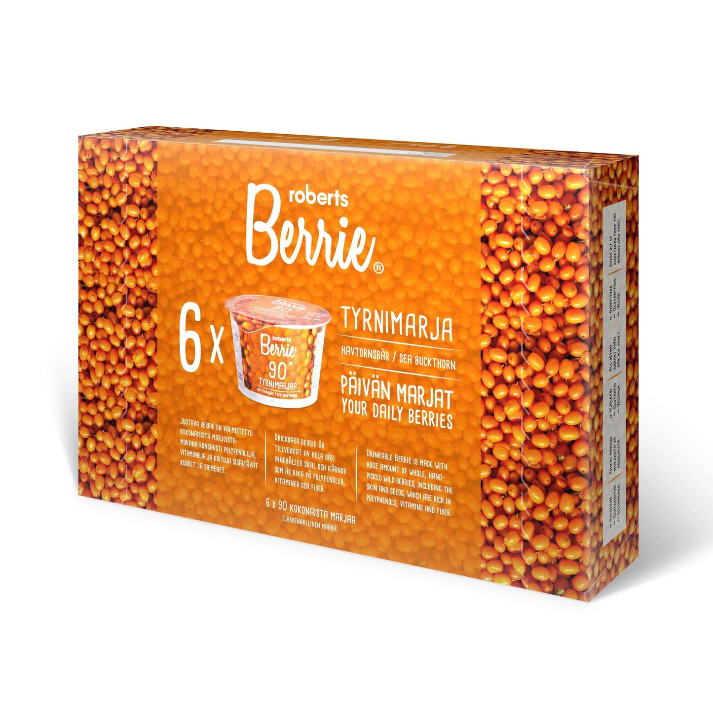 A rectangular box of Roberts Berrie Berrie Sea Buckthorn drink contains 6 cups, has an orange design with sea buckthorn berries, and displays product info in Finnish and English.