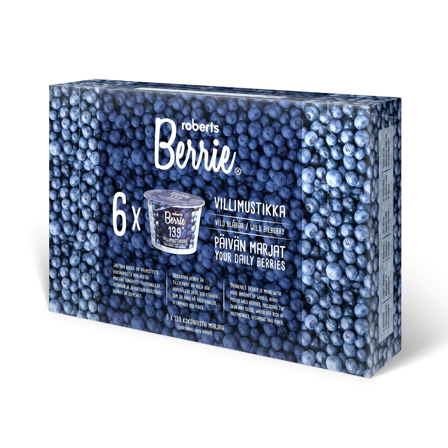 A box of Roberts Berrie Berrie Wild Bilberry contains six 130g cups, features Nordic wild bilberries on the packaging, and shows Finnish and English text: "Villimustikka" and "Your Daily Berries," highlighting anthocyanin content.