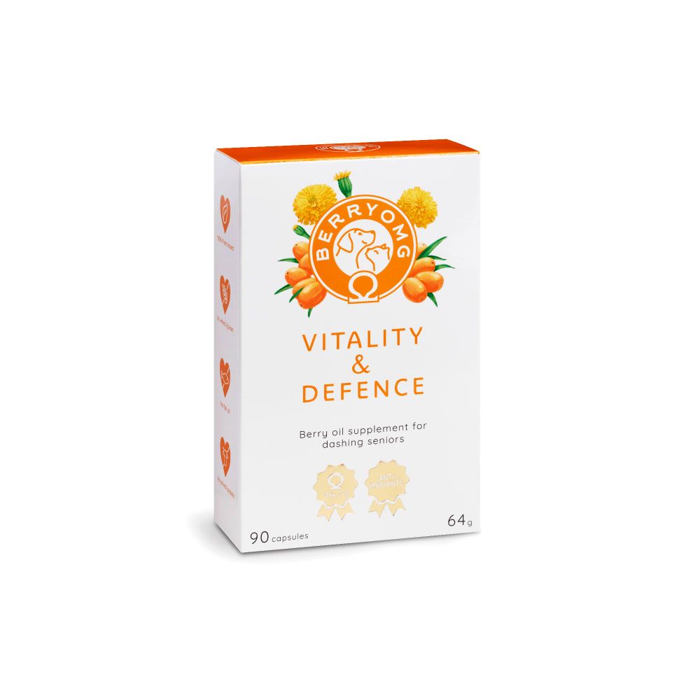 A white and orange box of Berry OMG Vitality & Defence, a berry oil supplement by Berry OMG for seniors with sea buckthorn oil and antioxidants. The box has images of berries and leaves, containing 90 capsules (64g).