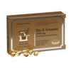 A gold and brown box labeled Pharma Nord Bio-E Vitamin 290 mg is shown, with several soft gelatin capsules in front. The packaging highlights natural vitamin E, antioxidant properties, and includes text in multiple languages.