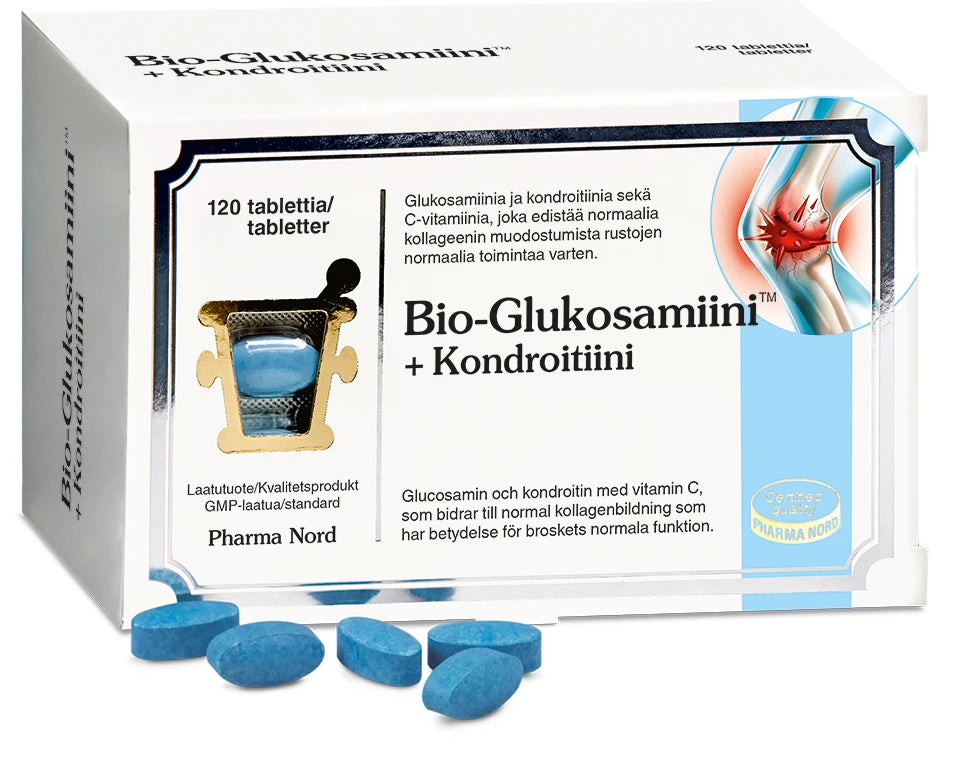 A box of Pharma Nord Bio-Glucosamine + Chondroitin with blue oval tablets in front. The packaging shows product details, ingredients, vitamin C content, and a certification mark on the right side.