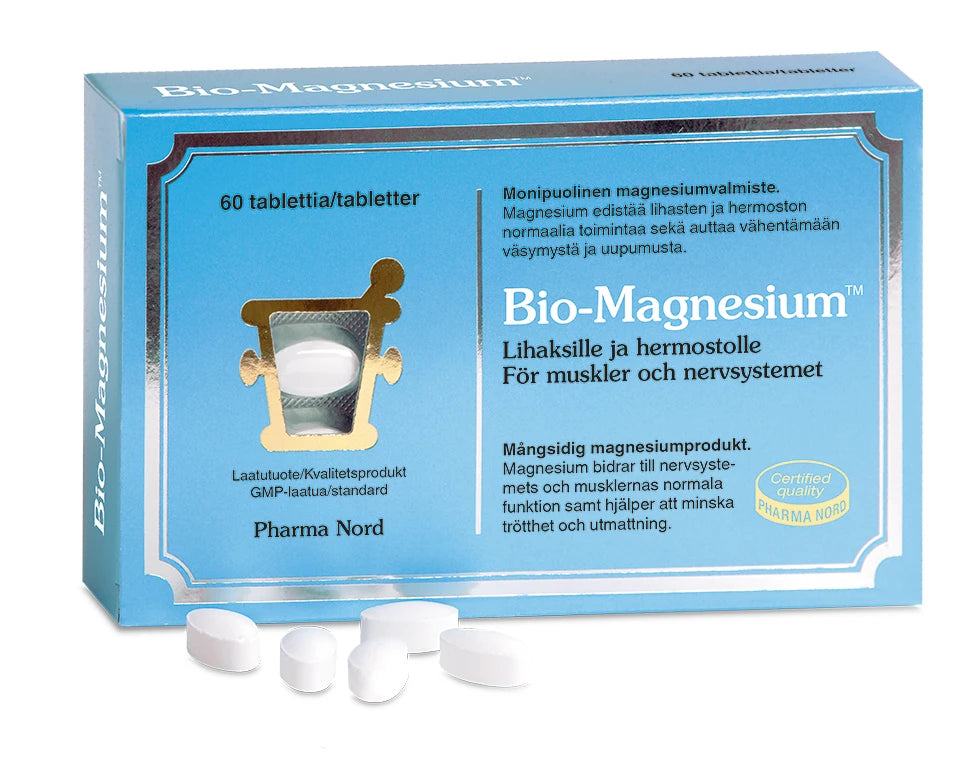 A blue box of Pharma Nord Bio-Magnesium is displayed with several white, oval tablets in front. The packaging, in Finnish and Swedish, describes support for muscle and nervous system health.